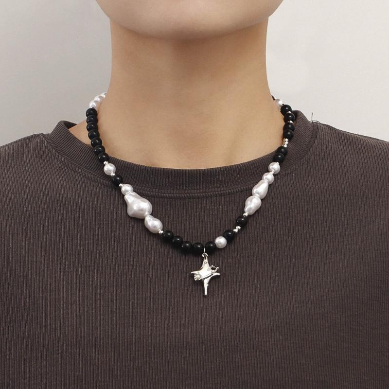 2023 Trend Crossed Star Necklace for Women Vintage Beaded Chain Alloy Necklace Pendants Fashion Aesthetic Y2k Jewelry