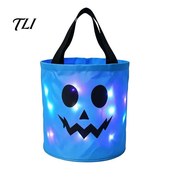 Toddler Halloween Candy Holders Glowing Pumpkin Bag LED Light Up Trick or Treat Bucket Fabric Gift Packaging for Kids Reusable Waterproof Oxford Tote