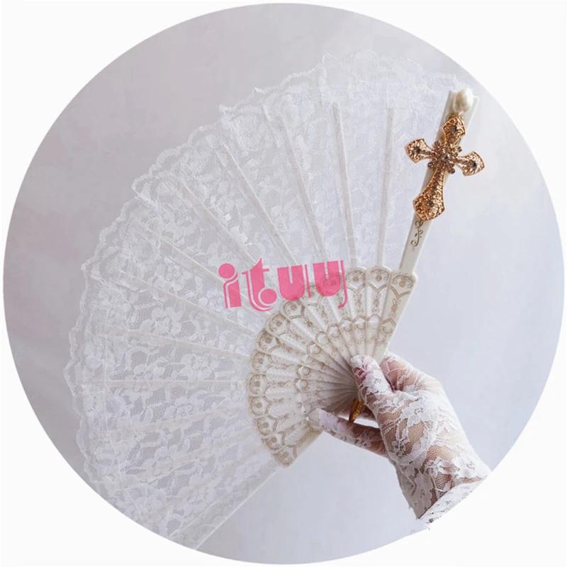 Handmade Lolita Vintage Gothic Black White Lace Hand Fan Golden Sun Flower Cross Folding Hand Fan for Photo Props Show Dancing