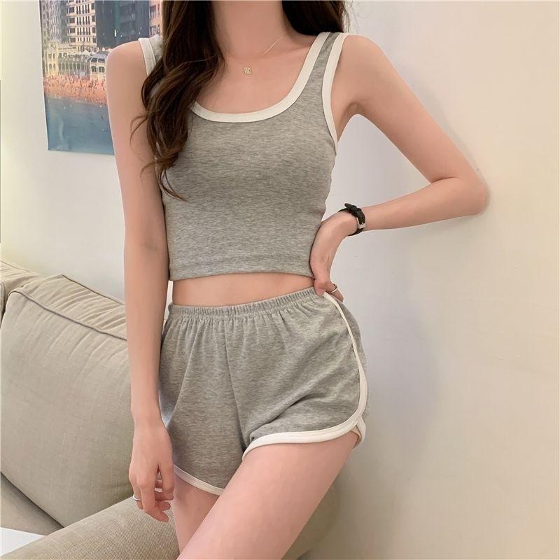 Sommer Top und Shorts Set für Damen Lässig Schlankmachend Kurze Weste Weitbeinige Shorts Sport Ärmellos Klassischer Damenanzug