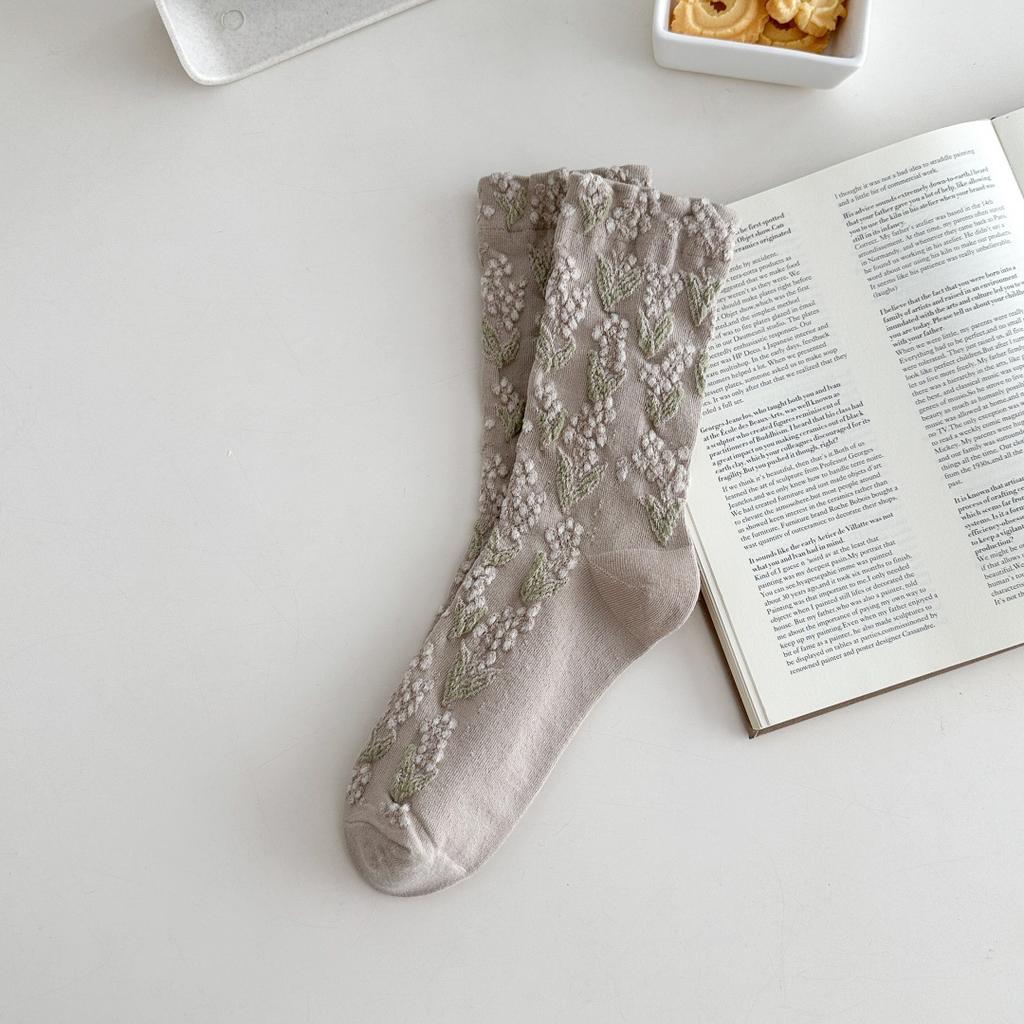 Autumn And Winter Retro Wide-Mouth Relief Socks Cotton Mid-Leg Women'S Socks Women'S Japanese Ethnic Style Floral Stockings Literary And Artistic