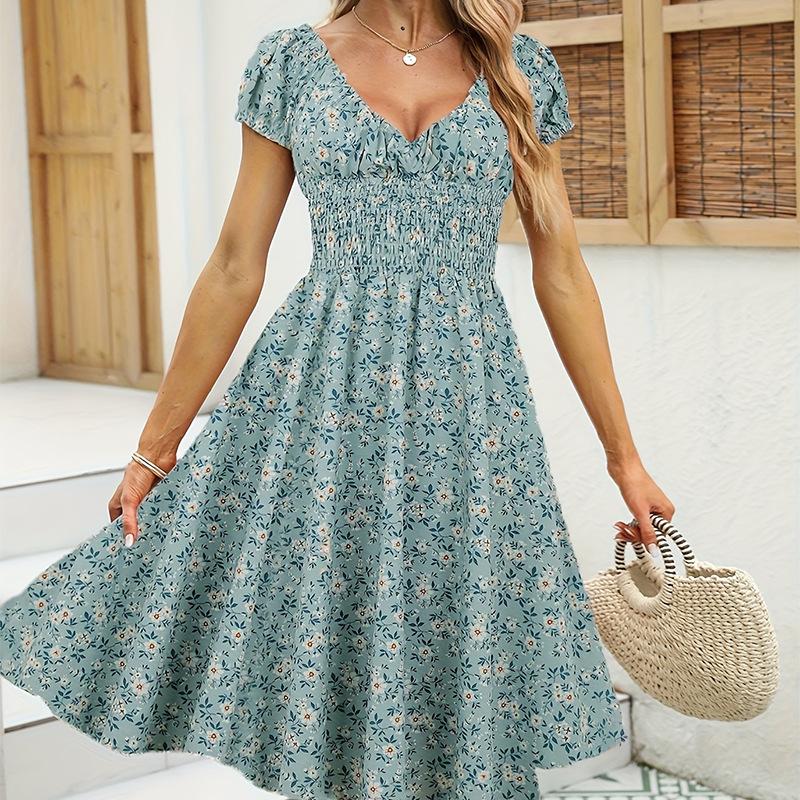 European and American summer new retro floral skirt, waist V-neck bubble sleeve French dress