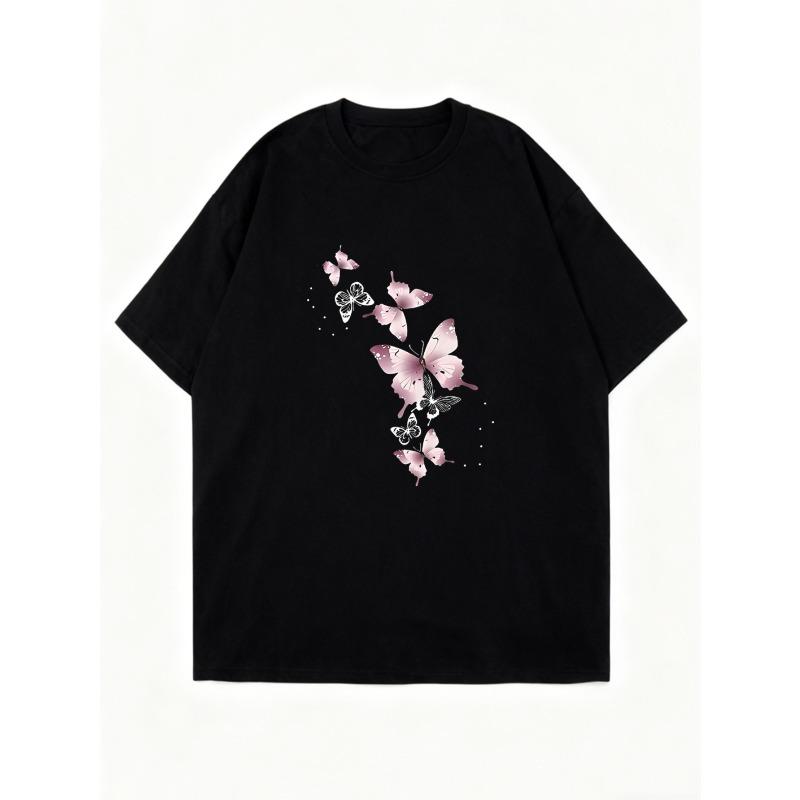Černé nadměrné tričko s růžovým a bílým potiskem motýlů pro běžné nošení