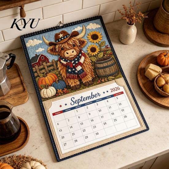 DIY Hanging Wall Decor Highland Cow Farmhouse Calendar Kit for 12 Months, Handmade Cute Animal Desk Accessory Paper And Cloth Craft Set, Rustic