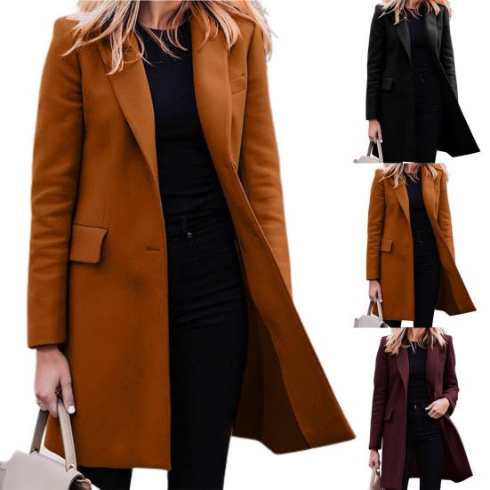 Women Jacket Solid Color Turn-down Collar Single-breasted Long Autumn Blazer for Work