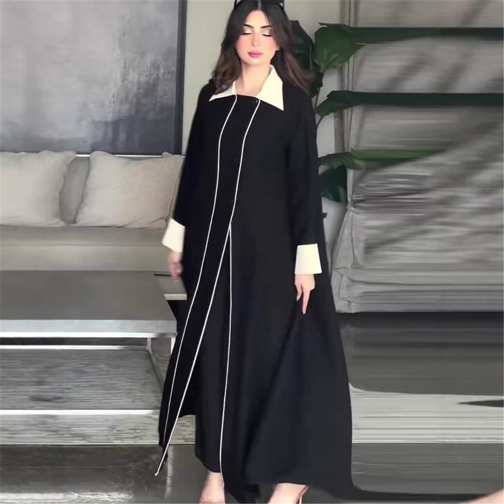 Women Modest Abaya Maxi Dress Contrast Turn‑down Collar Long Sleeve Color‑Trim Loose Fit Casual Long Robe Dress