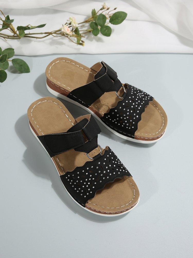 

Slope heel platform slippers women s large size summer hollow Velcro rhinestone beach cool slippers 42 чорний