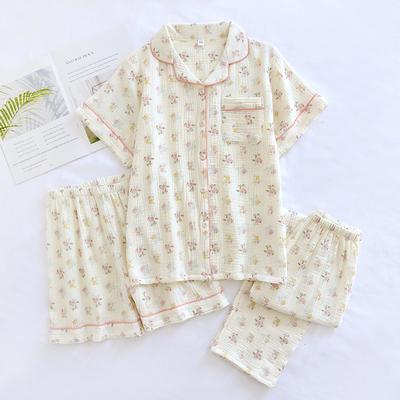 Spring and Summer New Women's Three-piece Pajamas Set 100% Cotton Crepe Short-sleeved + Shorts + Trousers Set Pajamas
