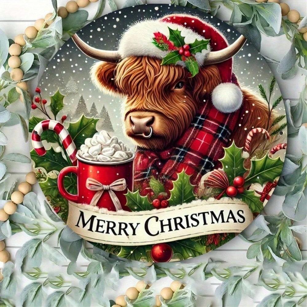 2D Flat Holiday Cow Metal Wall Art, Round Aluminum Sign For Home Door Porch Living Room