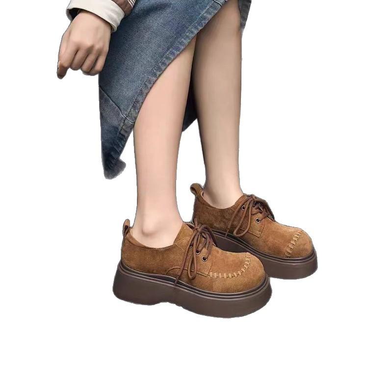 Muffin Platform Loafers Women's Autumn 2025 New Versatile Lace-up Retro Small Man Height-increasing Single Shoes Women