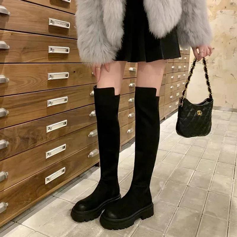 Fashion Suede Chelsea Boots Over The Knee  Women Flats Shoes Platform 2025 Winter New Round Toe Designer Gladiator Boots Goth Punk Botas