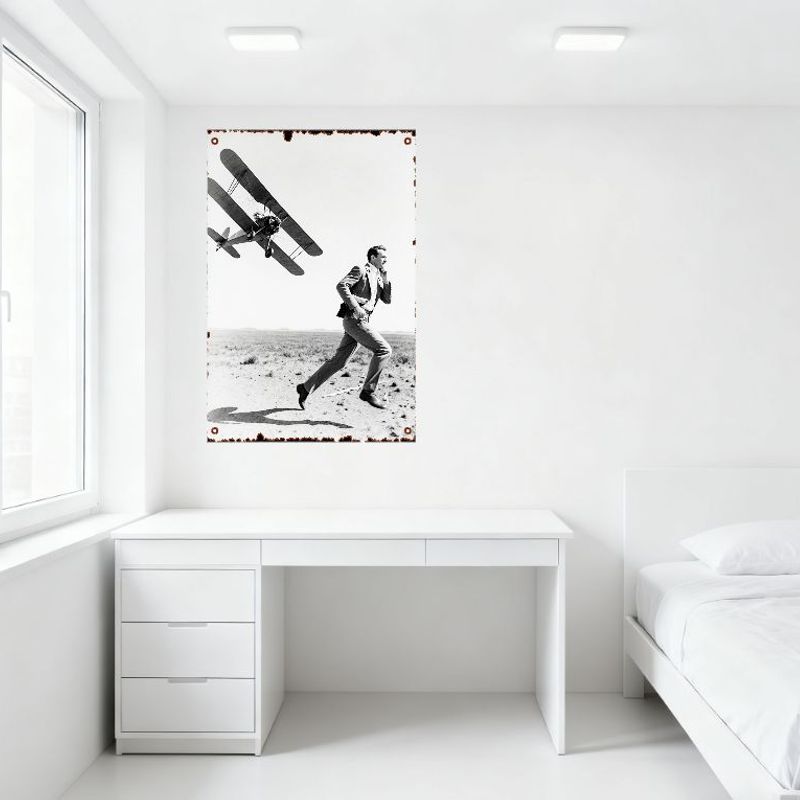 Vintage Retro Tin Sign Black & White Man In Suit Running with Biplane Pursuit Metal Plaque for Man Cave Home Bar Decor