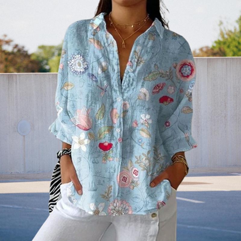 Women's Winter Fashion Light Blue Floral Long-Sleeve Top