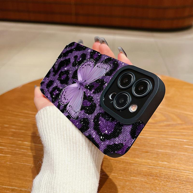 Vertical Grain Leather Shell Butterfly Printed Patterned Shockproof Soft Silicone Case with Camera Lens Full Protection for iPhone