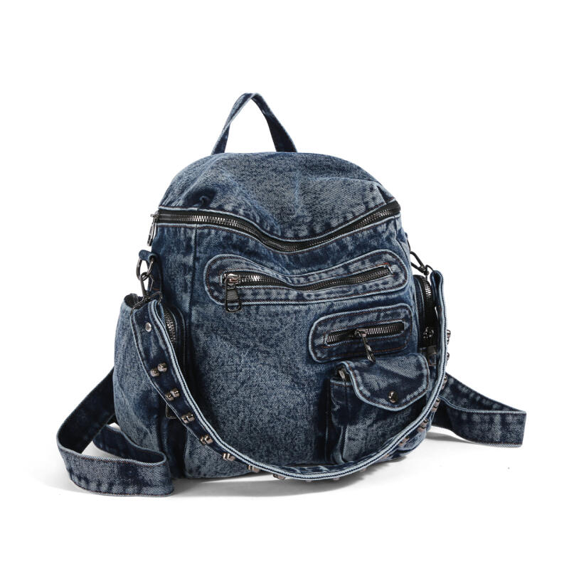 Vintage Denim Backpack Rivet Shoulder Bag Student Schoolbag Class Commuter Backpack