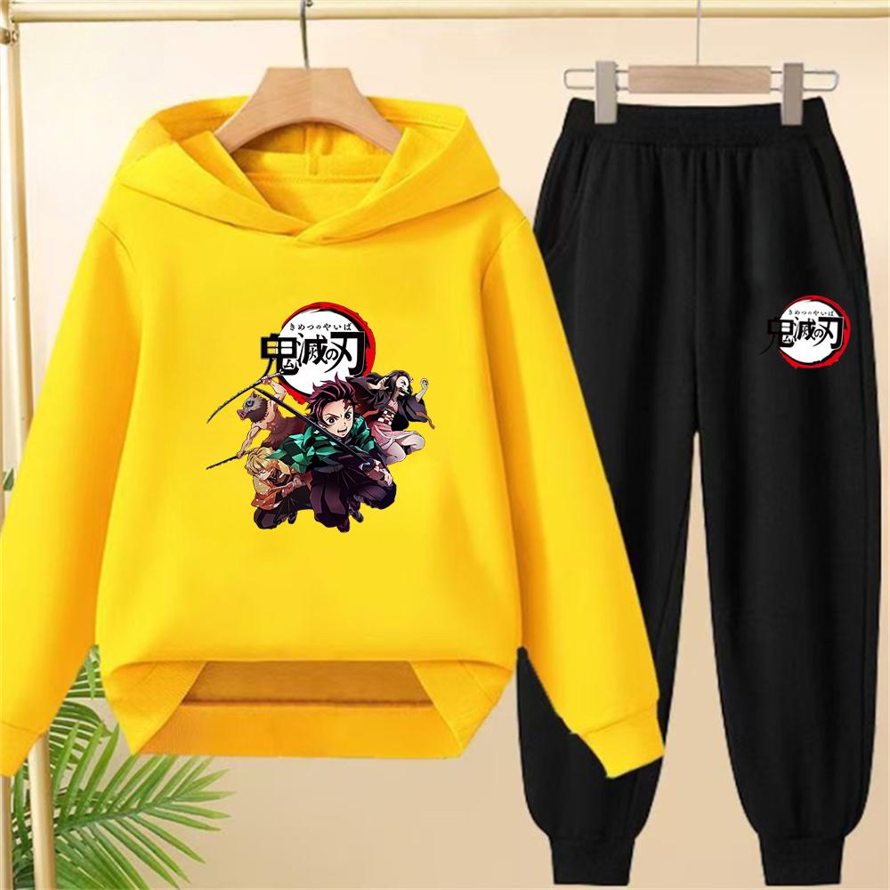 children's Hoodie Anime Demon Slayer Suitable hooded sweatshirt outerwear pants set autumn clothing for
