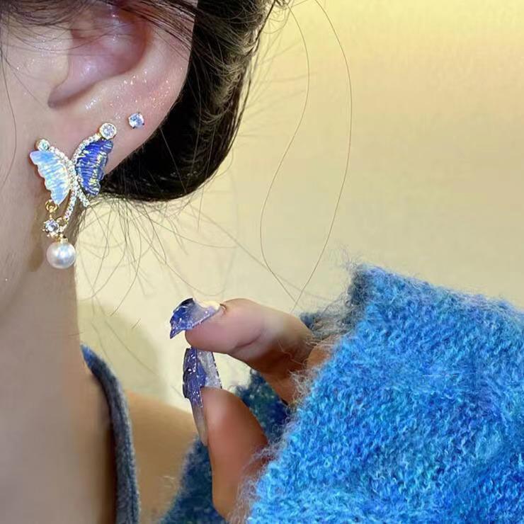 Asymmetrical Colorful Butterfly & Pearl Stud Earrings In S925 Sterling Silver
