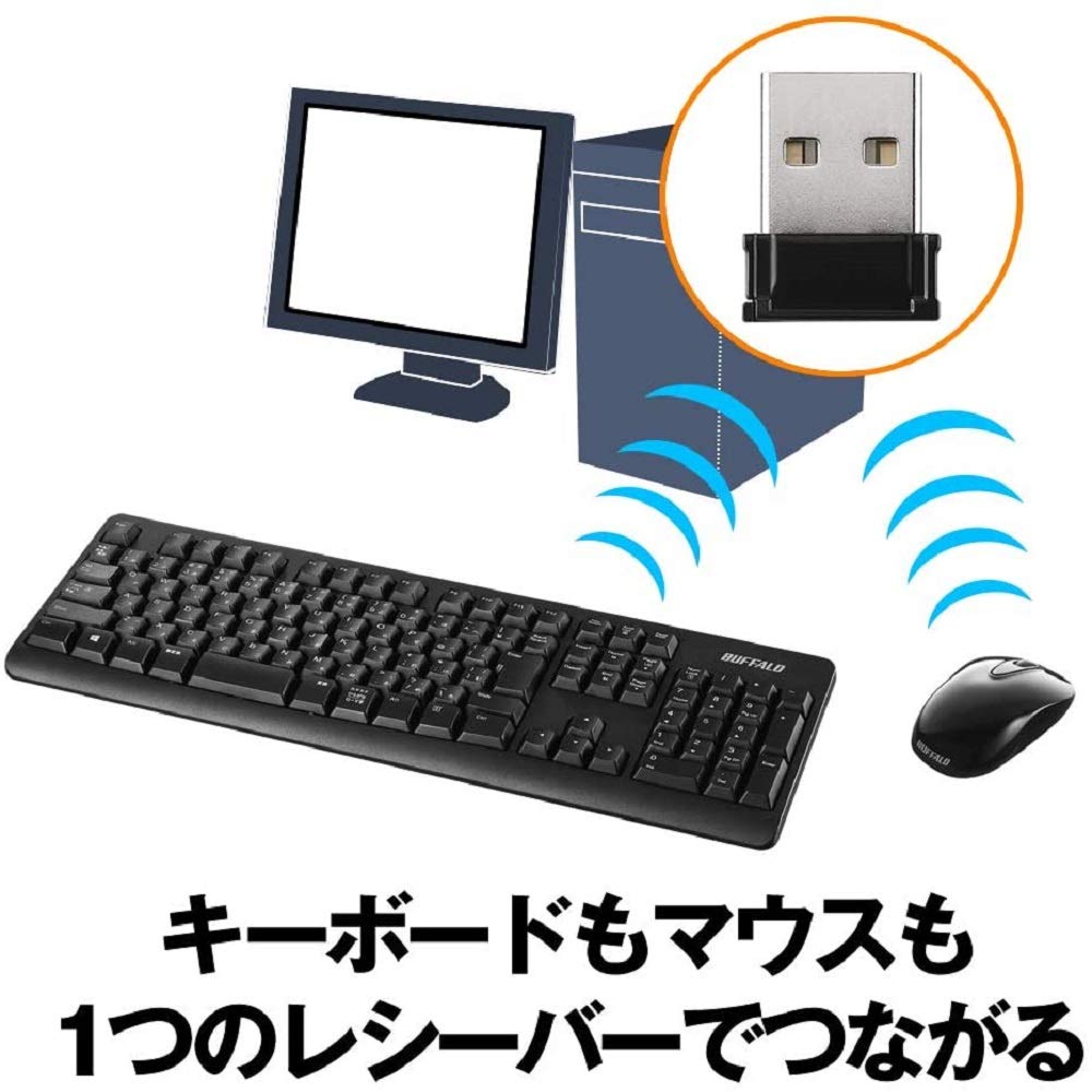 Buffalo Wireless Keyboard and Mouse Set, Durable and Long-Lasting, Ideal for Remote Work, Easy Connection, and Support (BSKBW125SBK)