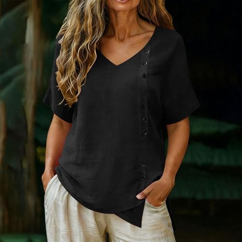 Top Camiseta Feminina Manga Curta Botões Gola V Algodão e Linho