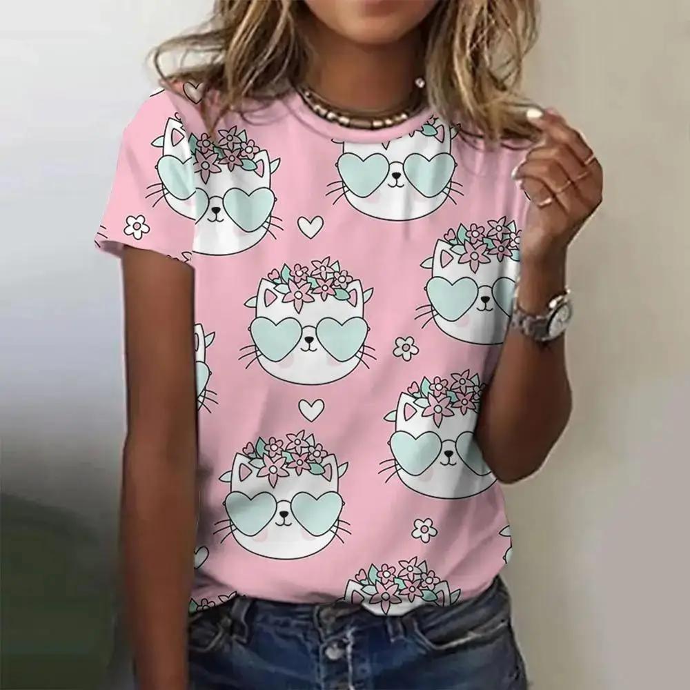 Women's T-shirt Summer casual round neck top Short sleeved loose T-shirt Daily short sleeved 3D printed cartoon cat pattern