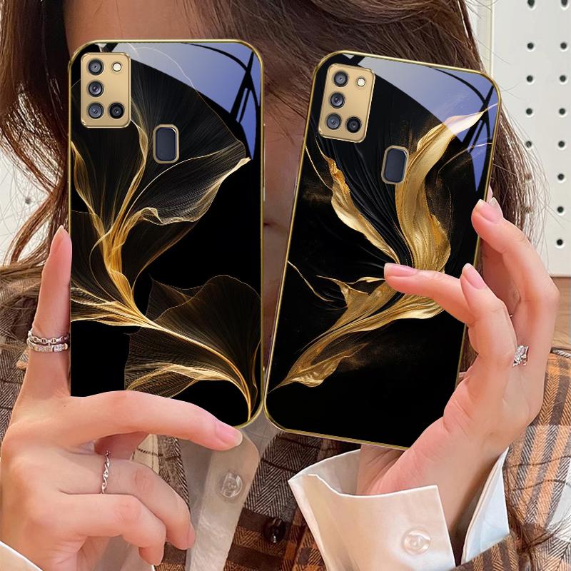 Floating golden ribbon For Samsung A 31 32 A33 A34 35 14 A15 13 16 25 26 50 52 53 54 55 56 70 71 72 73 Golden glass phone case