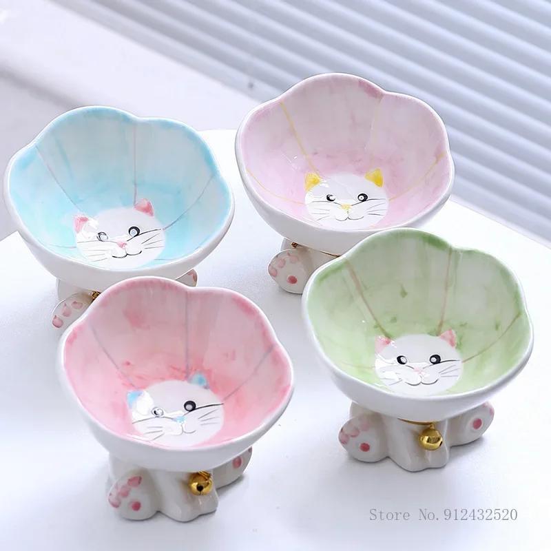 Ceramic Cute Flowers Cats and Dogs Bowls, High-Foot Protection, Cervical Spine, Food Basin, Drinking Cat Bowl, Pet Products, 1Pc