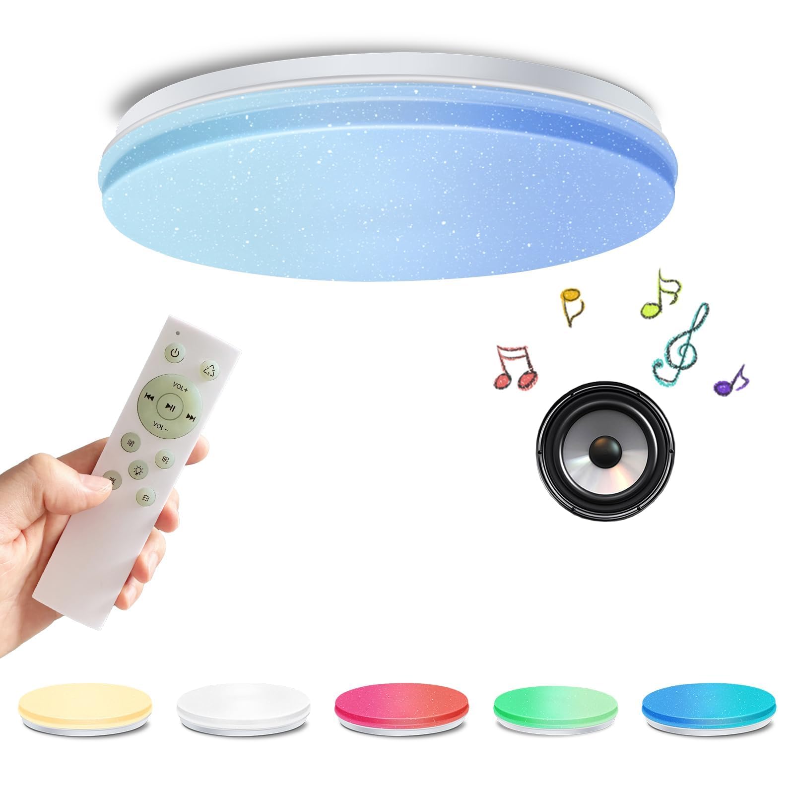 

LED Ceiling Lamp with Built-in Speaker, Bluetooth, 40W, 3800lm, Dimmable, Color Adjustable, Brightness Memory, High Color Rendering, Energy Saving,