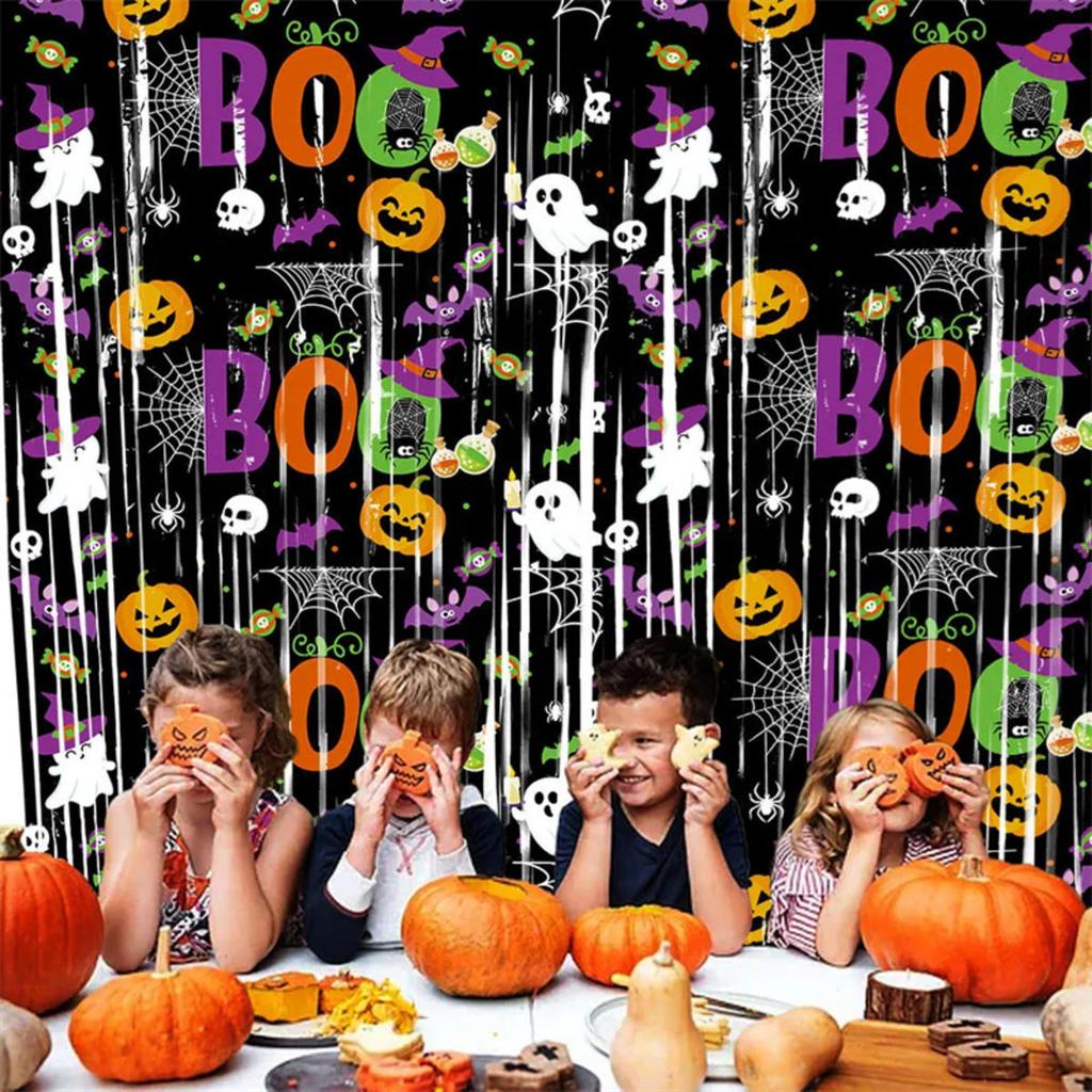 Halloween Pumpkin Ghost Bat Curtain Party Decoration Background Eye-Catching for Party Backdrop Photo Haunted House