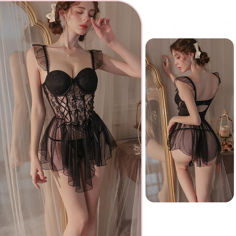 New Women's Sexy Lace Nightgown Erotic Gathering Pajamas Pure Desire Erotic Lingerie Lace-Up Fishbone Corset Nightgown Panty Set