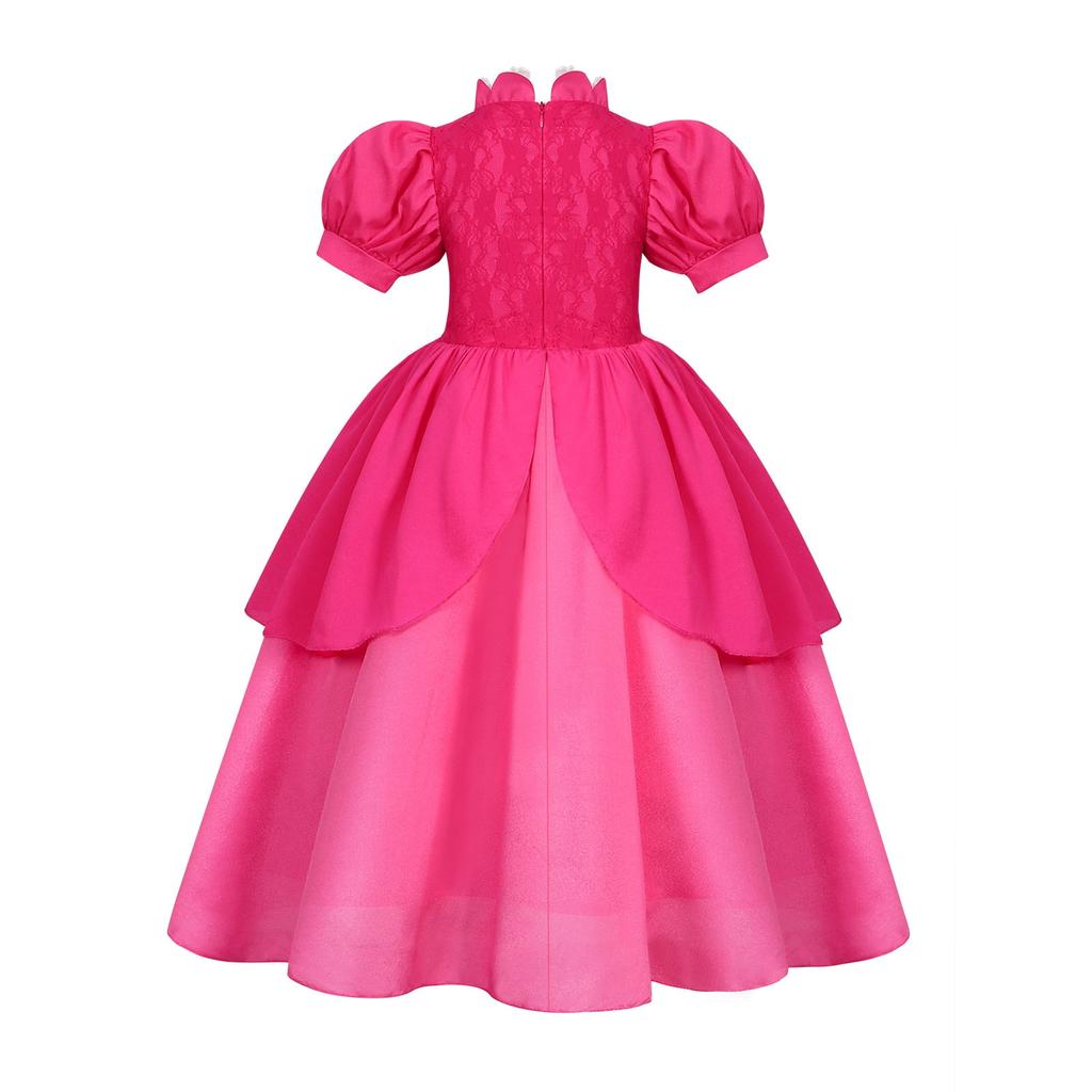 Peach Princess Dress Set - Polyester Fabric Halloween Christmas Carnival Cosplay Costume with Gloves and Crown Rose Pink 120 Cm