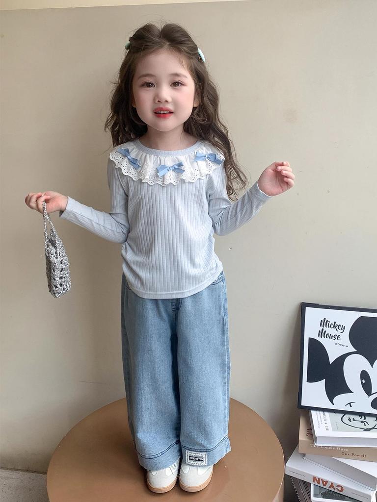Girls' Lace Base Shirt - Spring/Autumn 2025 New Long Sleeve T-shirt for Kids