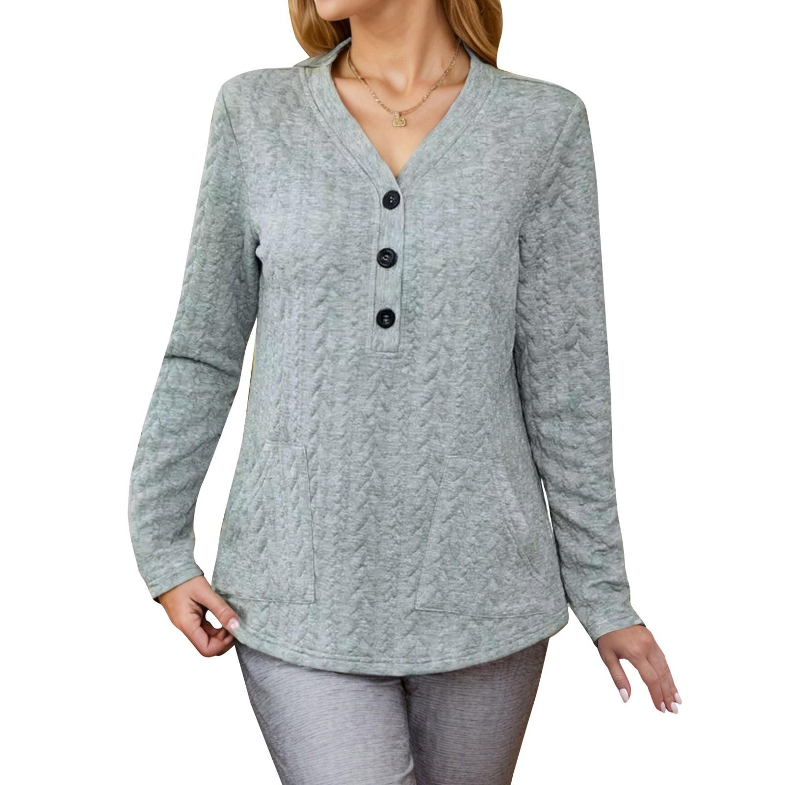 

Женские толстовки с V-образным вырезом, повседневные свитера с длинным рукавом и пуговицами, однотонные толстовки M