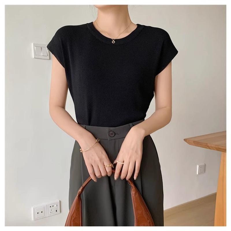 Sommer Strick T-Shirt Damen Shirts Pullover Crop Tops Kurzarm Weiblich Elastisch Slim Casual Strick T-Shirt Damen T-Shirts