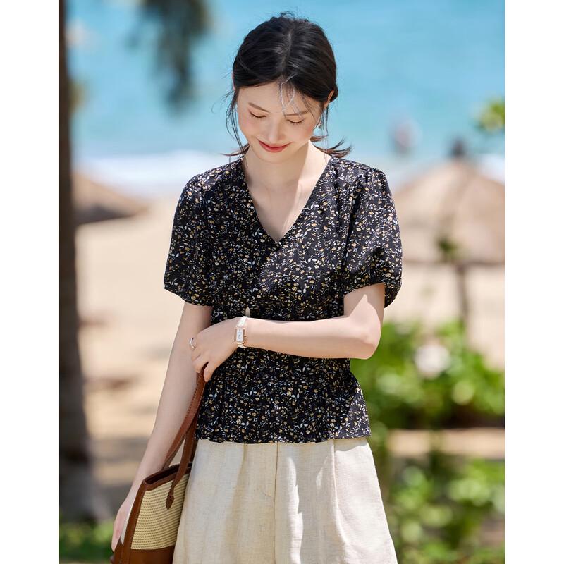 French Elegant Floral V-Neck Bow-Tie Women's Shirt