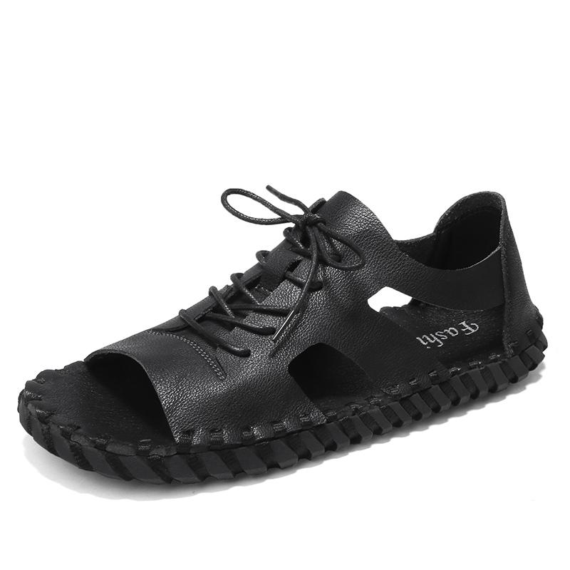 Fashion Summer Hot Selling Men's Leather Casual Shoes Hollowed Out Cool Daily Flat Shoes Men's Beach Sandals Lace Up Handmade Soles