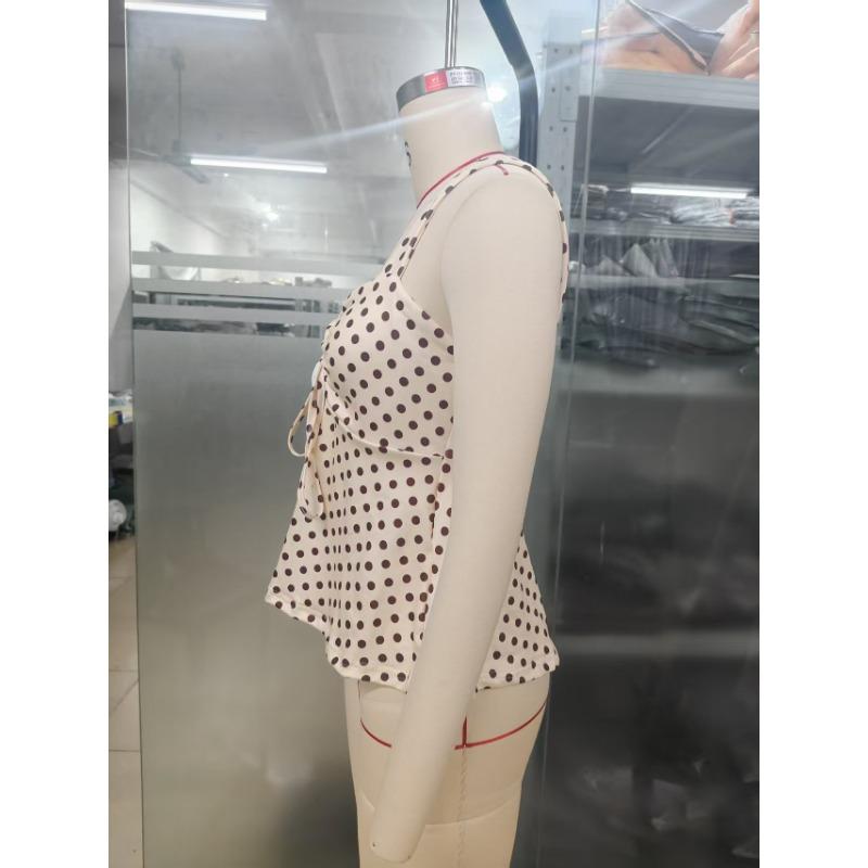 Women Summer New French Polka Dot Drawstring Waist Peplum Hem Cami Top