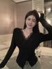 Stylish Black Lace V-Neck Slim-Fit Knitted Top for Women 2025
