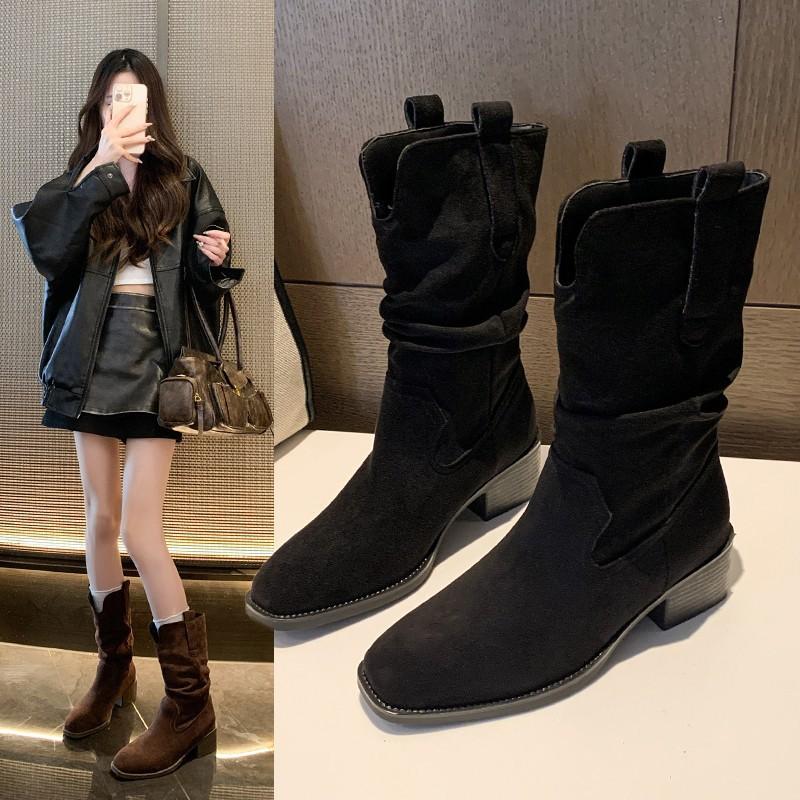 Thick Heel Brown Suede Mouth Pile Medium Tube Martin Boots Women's Boots Autumn New High Heel Short Boots Skinny