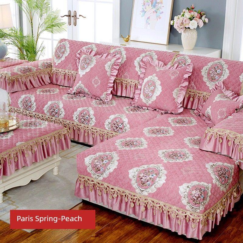 

Шенилловая подушка для дивана Нескользящая Круглогодичная Нейтрально-синяя Европейская ткань Утолщенные подушки для сиденья в гостиную Подушки для спинки Полотенца Наборы подушек Paris Spring-Peach 50*50cm(4 side small lace)