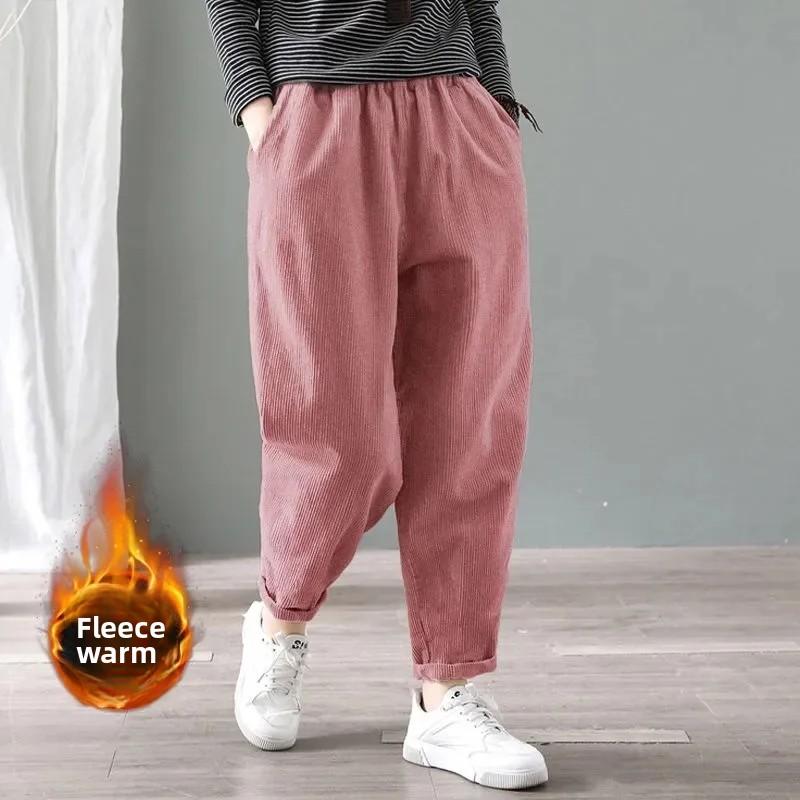 Winter Thickened Large Size Corduroy Fleece Lined Casual Harajuku Warm Long Pants Outerwear Versatile Loose Fit Women's Trousers