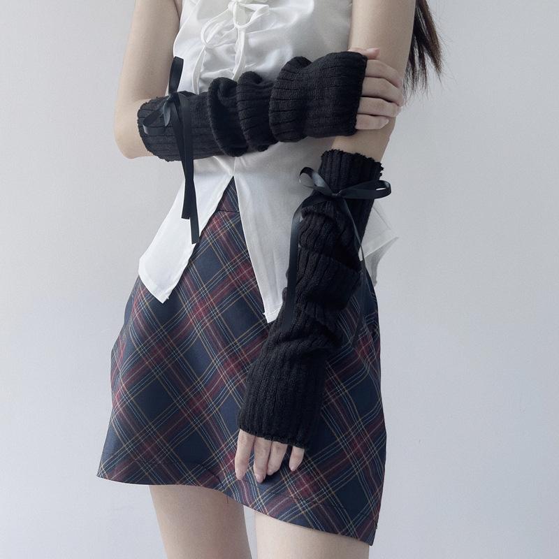 

Sweet Girl Lolita Soft Arm Sleeves Bow Tie Long Hand Sleeves Lovely Knitted Fingerless Decorative Gloves Streetwear