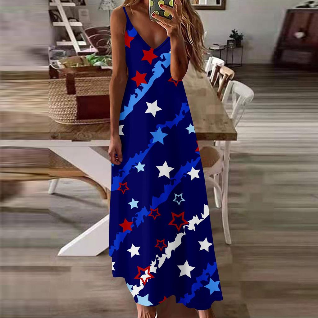 Women's Loose Independence Day Casual Slim V-neck Color Imitation Cotton Fashion Overalls Skirt