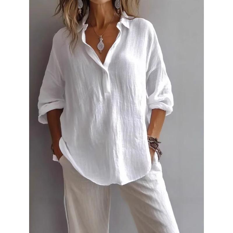 Women's Spring Summer Plus Size Blouse, Solid Color V-Neck Long Sleeve Loose Casual Shirt Top