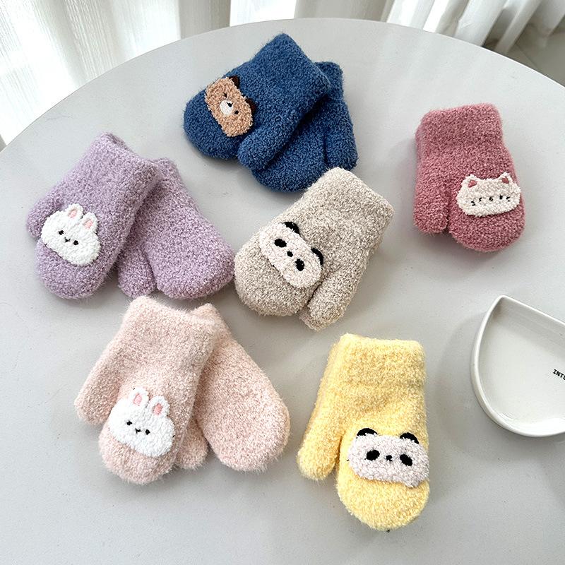 Cartoon Baby Plush Mittens Thick Double Layer Hanging Neck Gloves 1-3Year Girl Boy Winter Hand Warmer Cover Cute Children Gloves