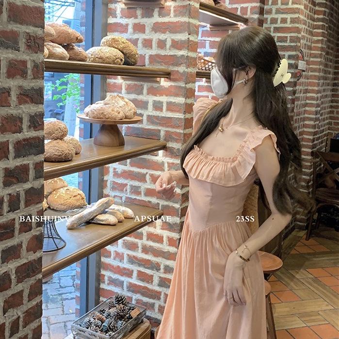 Women's Sweet Pink Ruffle Sleeve Square Neck Cinched Waist Long Dress - Summer 2026