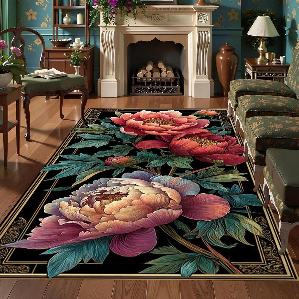 Dark Background Flower  Butterfly Pattern Rug Easy Clean Wear Resistant Carpet Ideal For European Style Home Living Space