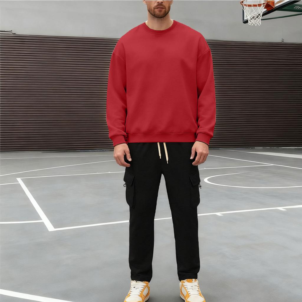 Men's Casual Sportswear Set Autumn/Winter Fleece-Lined Heavyweight Oversized Long-Sleeved Crew Neck Sweatshirt and Trousers Set