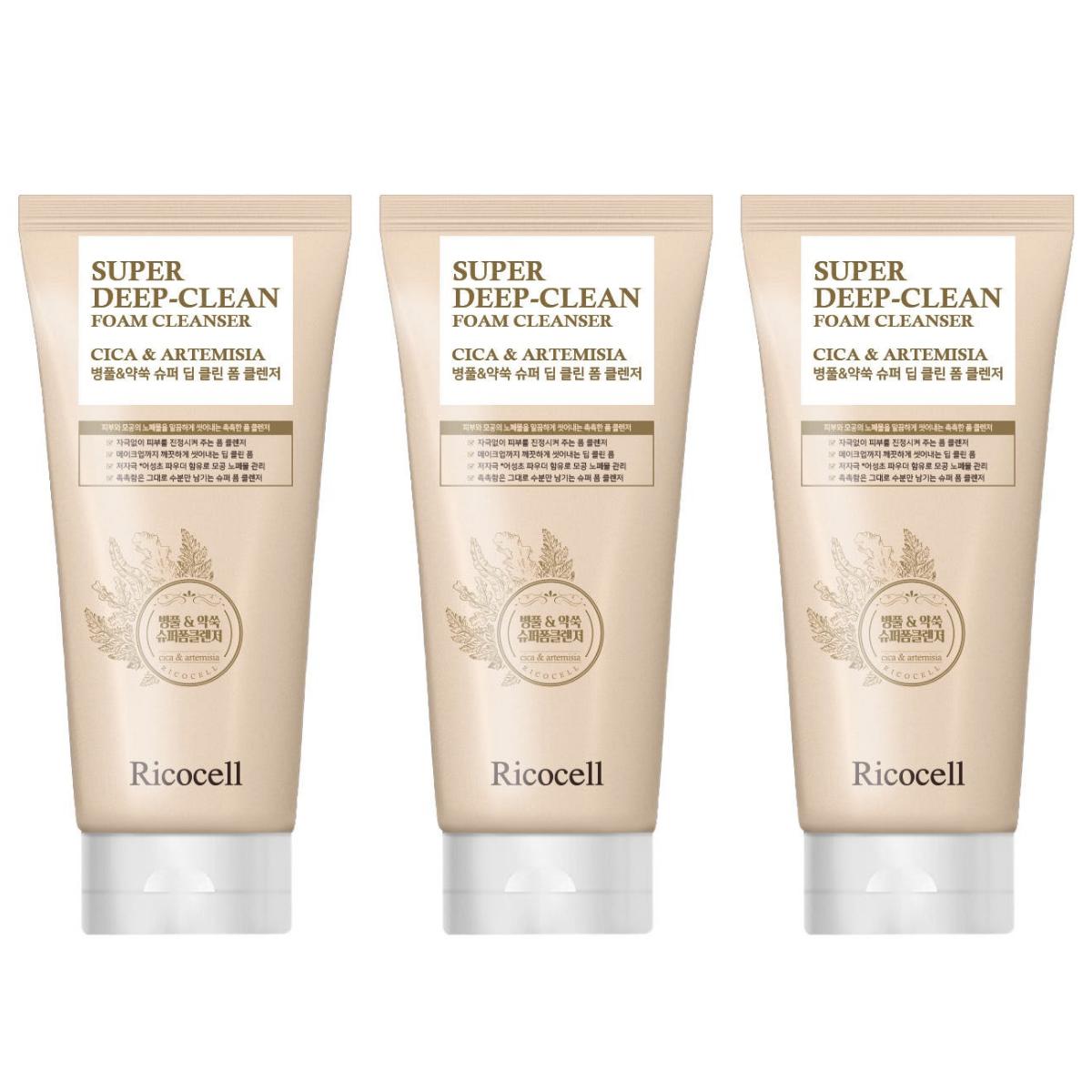 Ricocell Пена для умывания Super Deep Clean с центеллой и полынью - Низкораздражающая Cica-взбивалка для умывания лица (120 мл x 3 шт.)