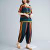 Summer Casual Two-piece Set Women's Loose Literary Round Neck Retro Striped Short-sleeved + Wide Legged Eight Trousers Trousers