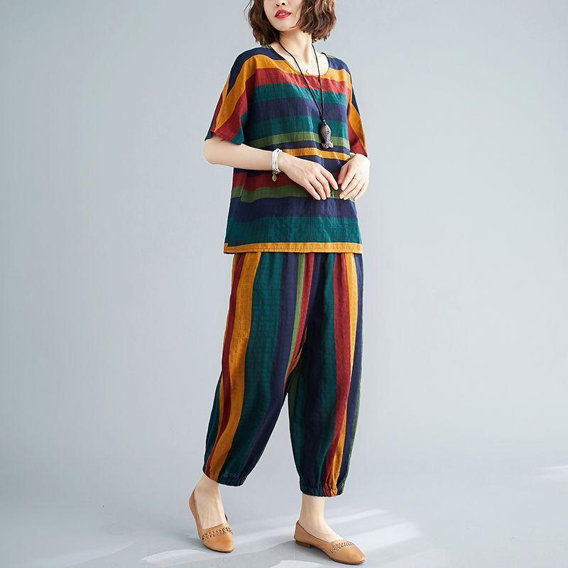 Summer Casual Two-piece Set Women's Loose Literary Round Neck Retro Striped Short-sleeved + Wide Legged Eight Trousers Trousers